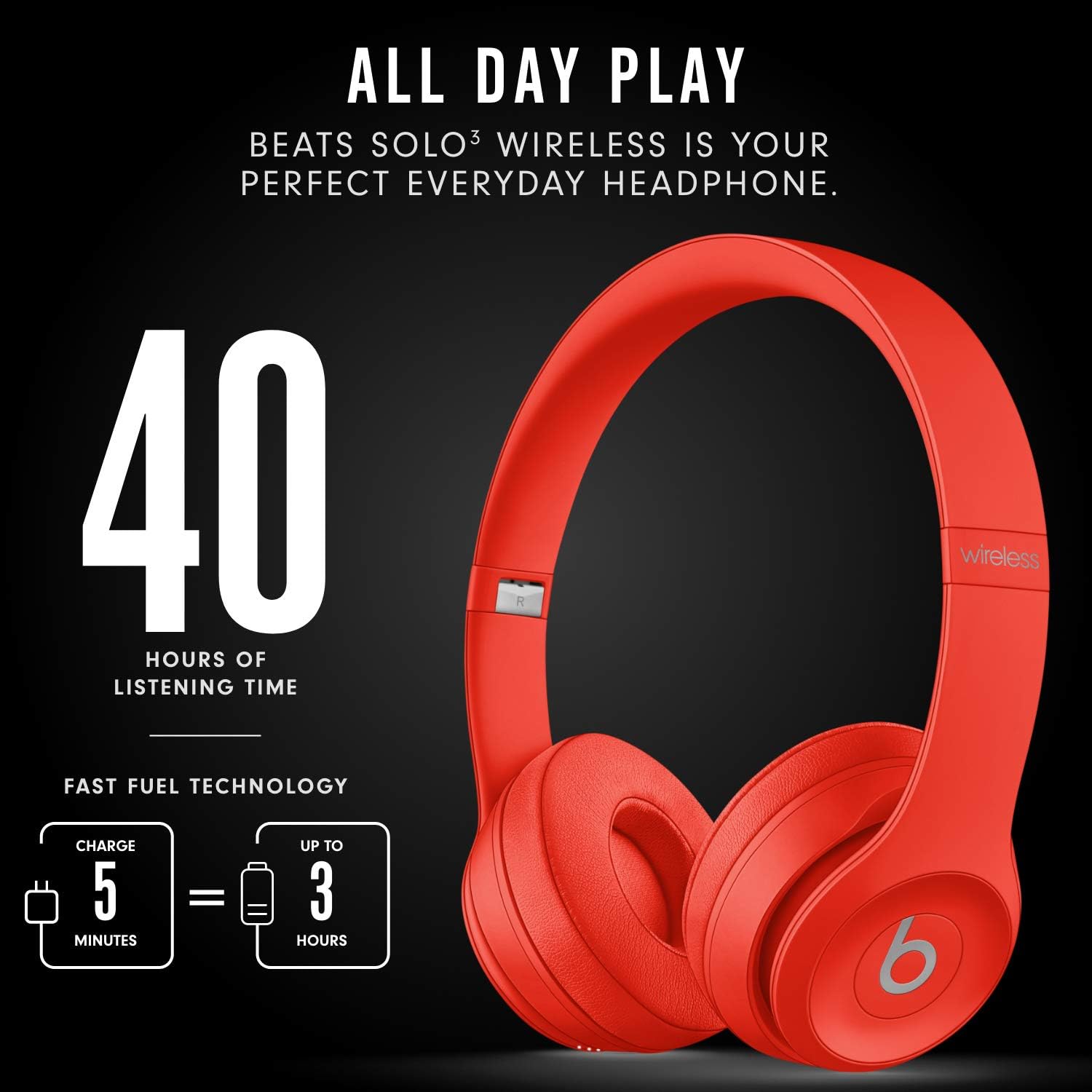Audífonos on-Ear Beats Solo3 Wireless, Chip W1 para audífonos diseñado por Apple, Bluetooth Class 1, 40 Horas de Audio - Negro