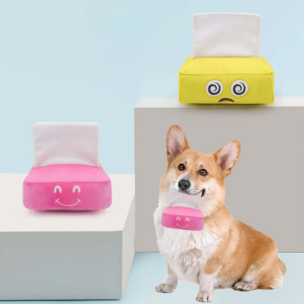 Juguete de peluche interactivo para perros con forma de caja de pañuelos y chirriador lavable