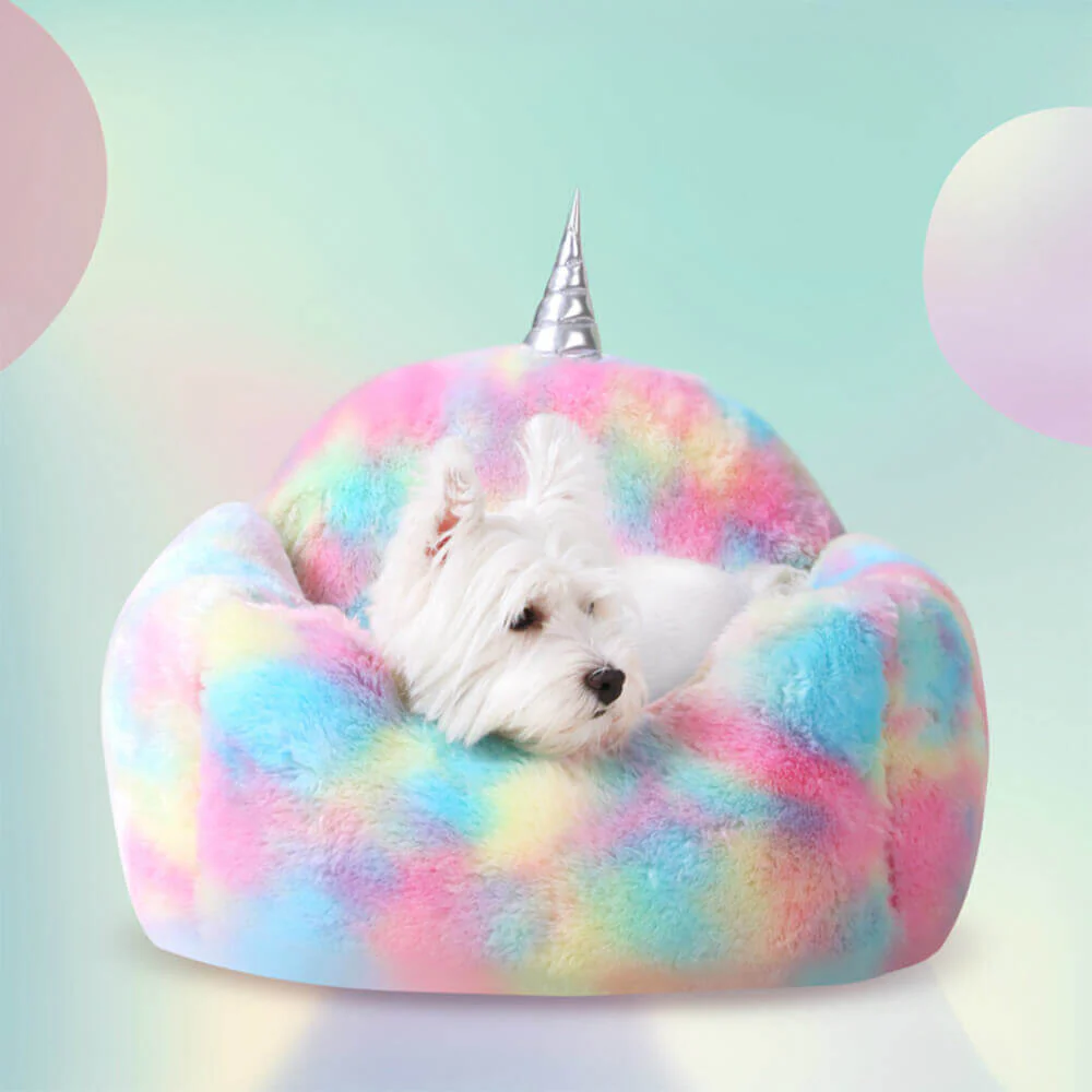 Cama lavable y cálida para perros y gatos con unicornio de arcoíris