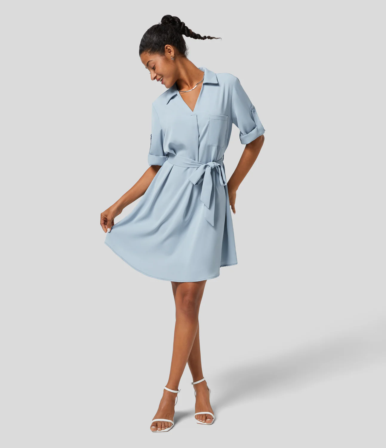 Collared Roll Up Sleeve Belted Work Shirt Dress