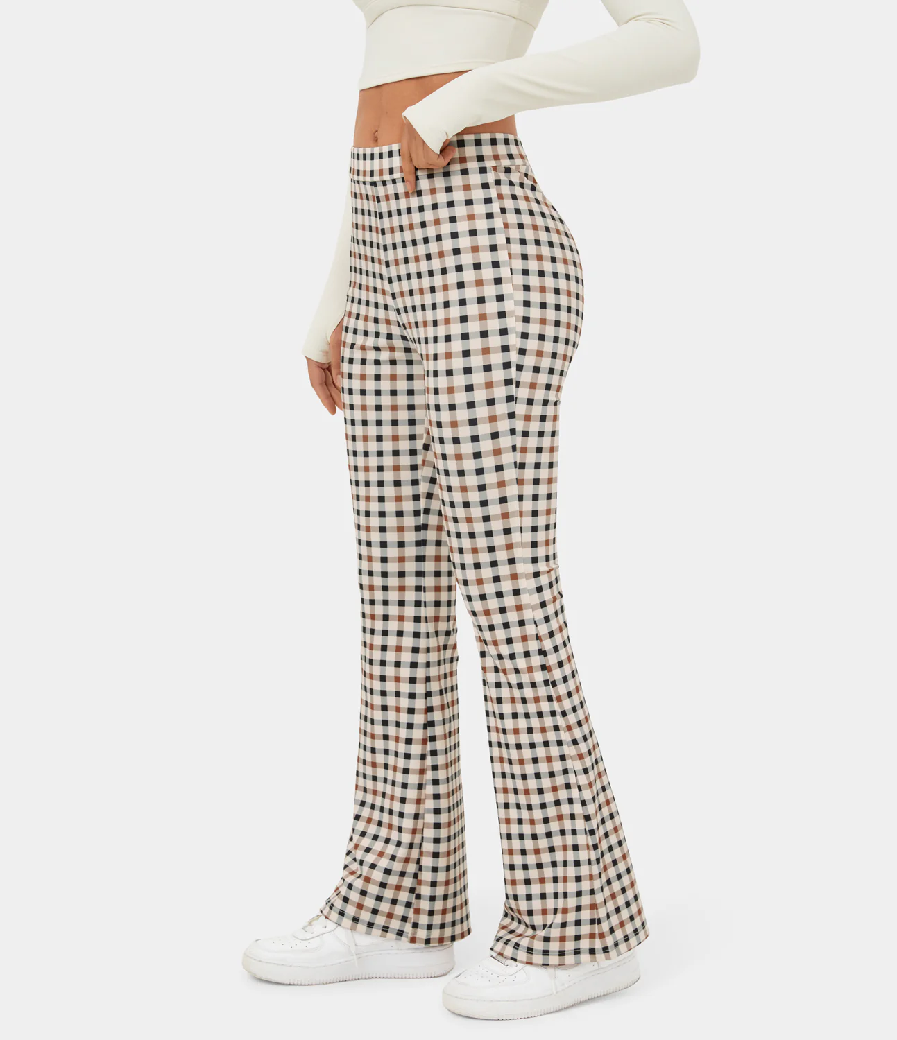 High Waisted Plaid Flare Casual Pants