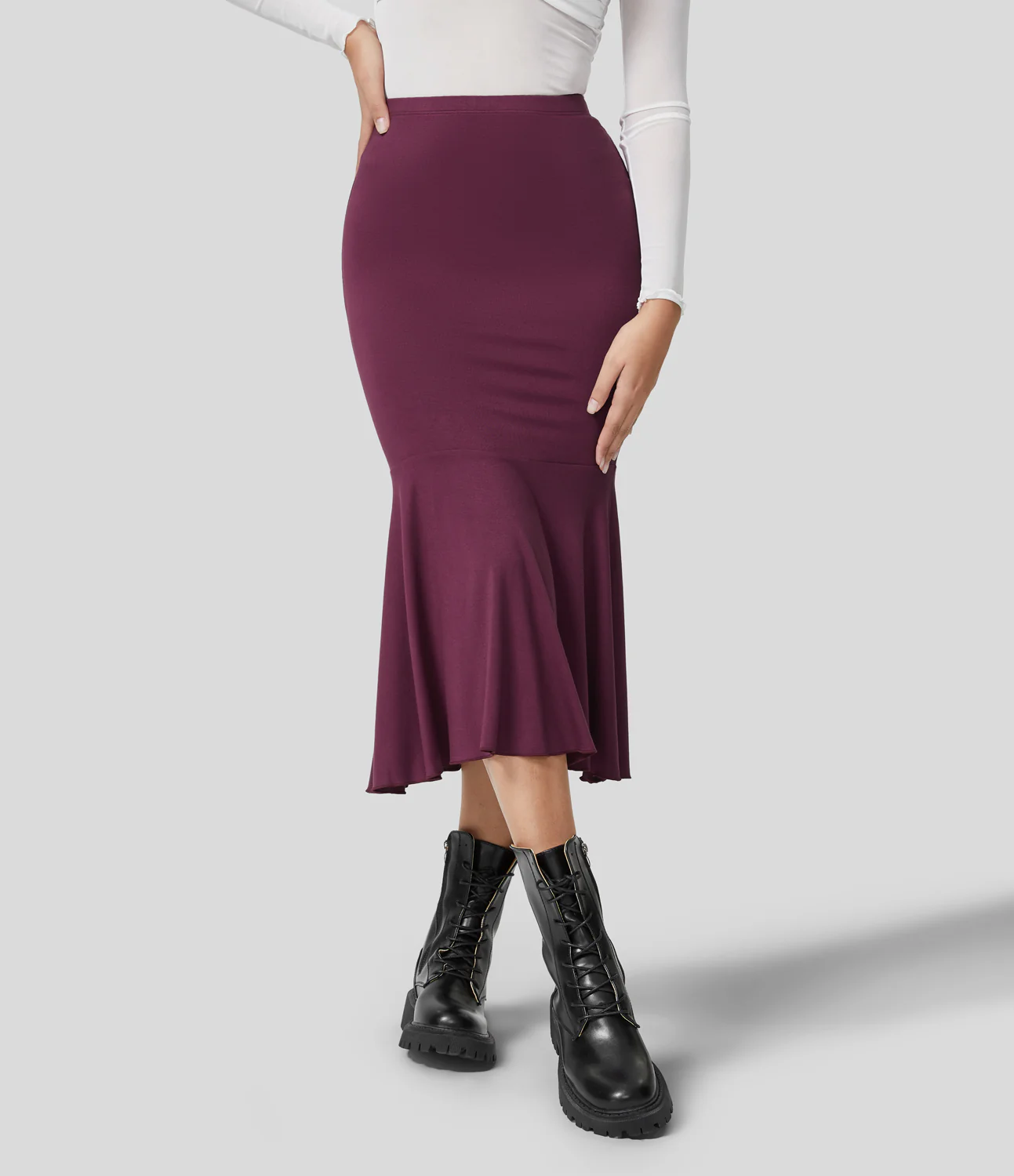 High Waisted Ruched Midi Casual Fishtail Skirt
