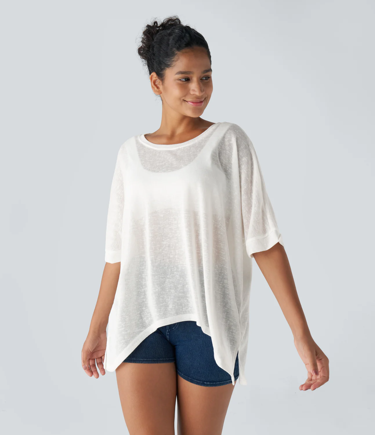 Asymmetric Split Hem Sheer Oversize Casual Top