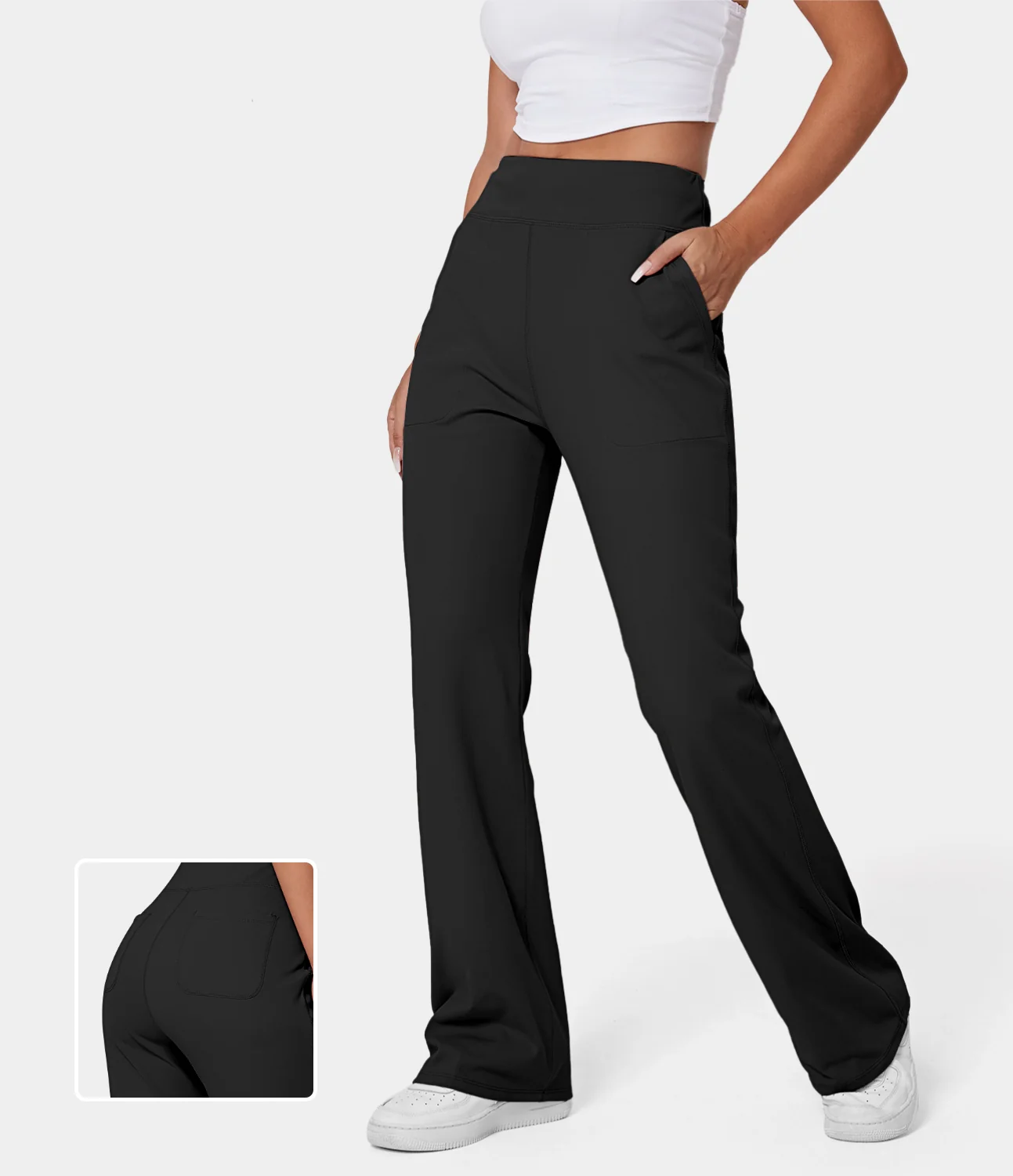 High Waisted Side Pocket Plain Flare Leggings