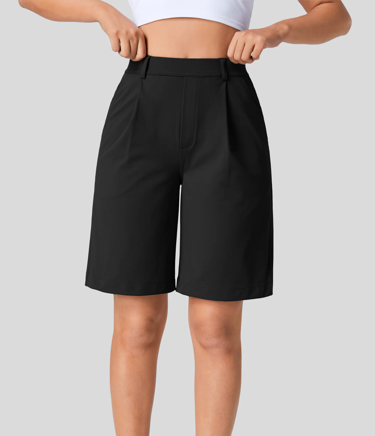 High Waisted Plicated Side Pocket Work Shorts