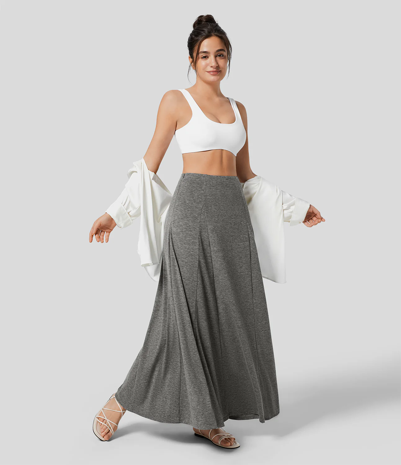 High Waisted Side Zipper Maxi Casual Flare Skirt