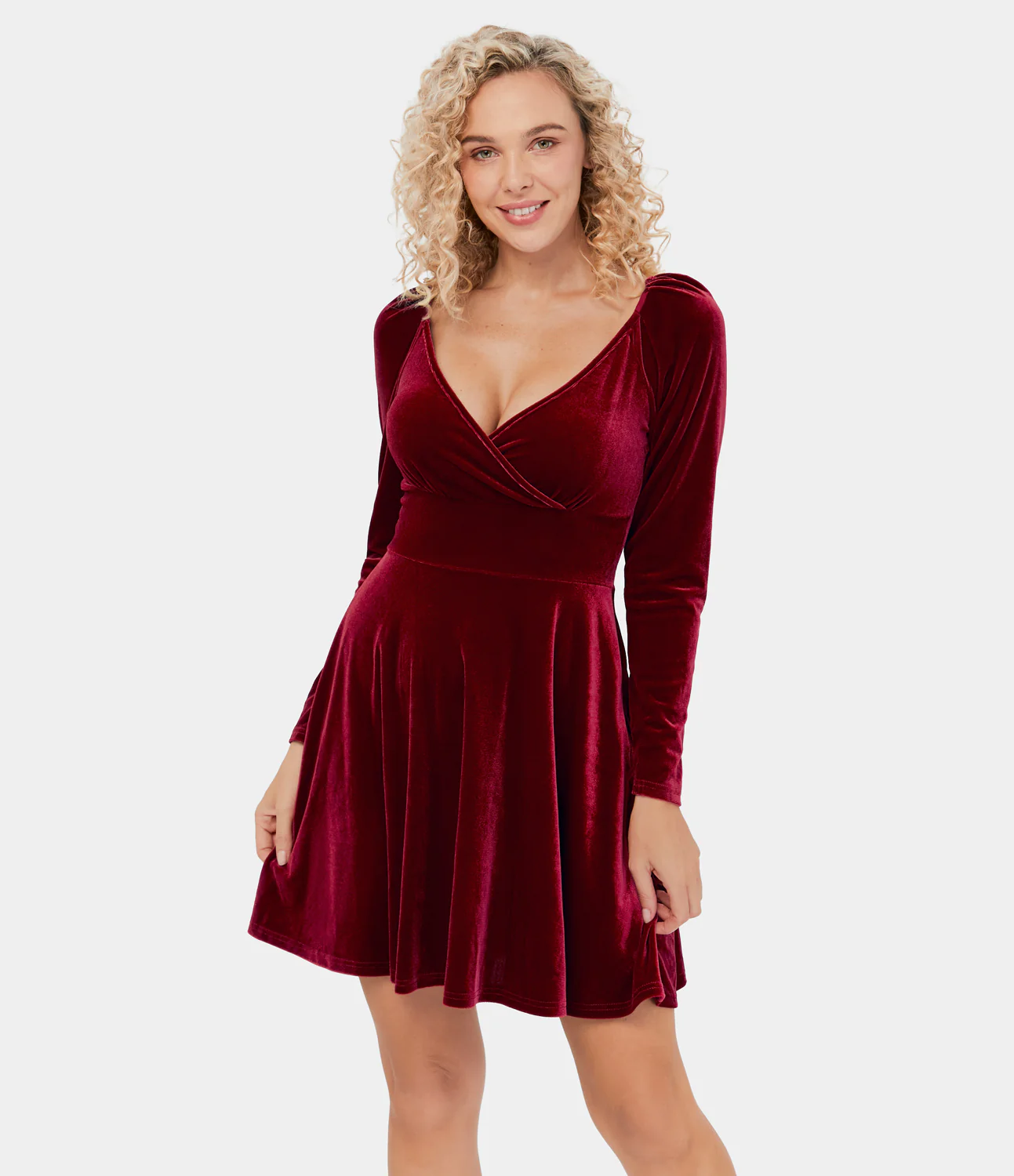 V Neck Plicated Velvet Mini Flare Casual Dress