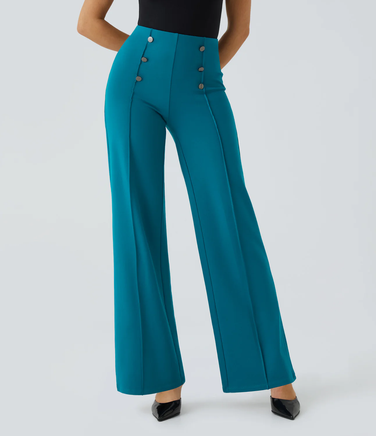 High Waisted Button Pocket Wide Leg Work Pants