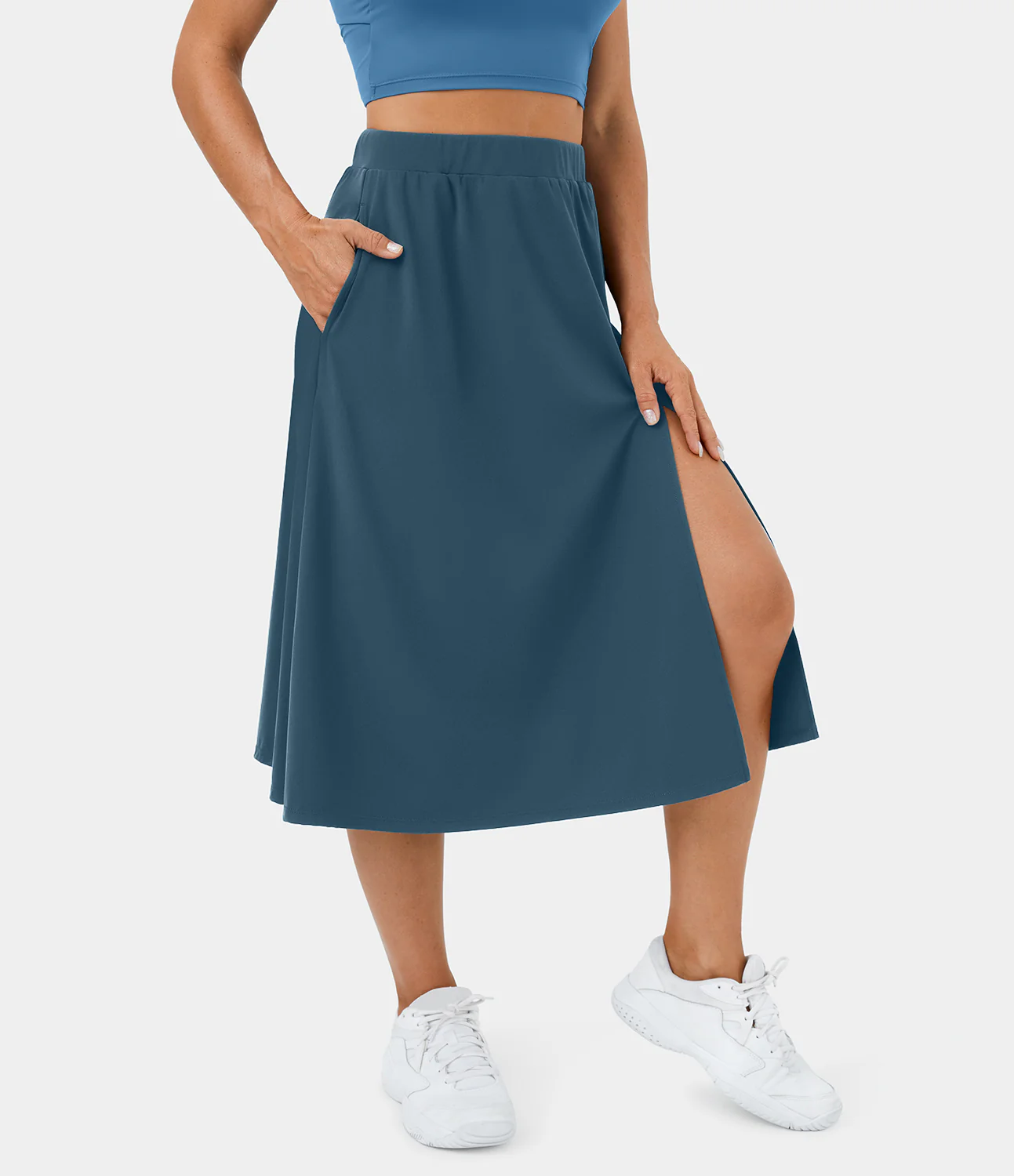 High Waisted Side Pocket Split Midi Casual Skirt