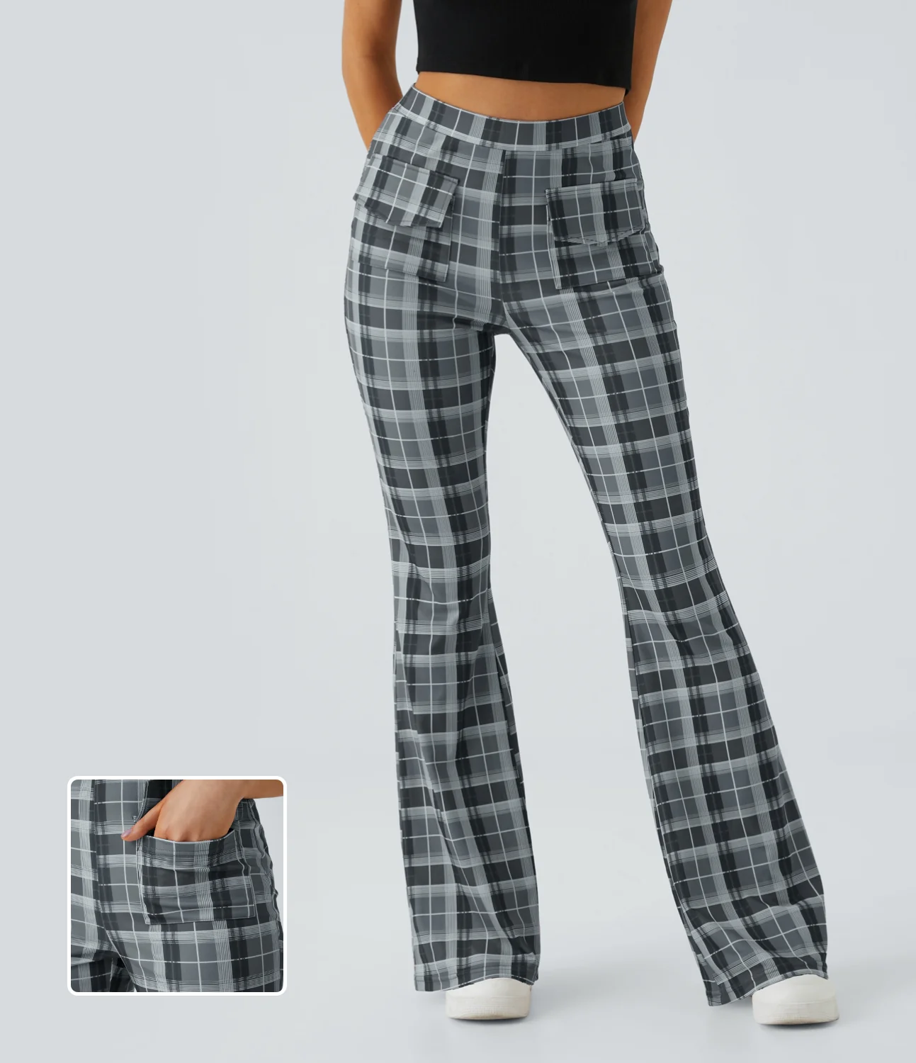 High Waisted Pocket Plaid Flare Casual Pants