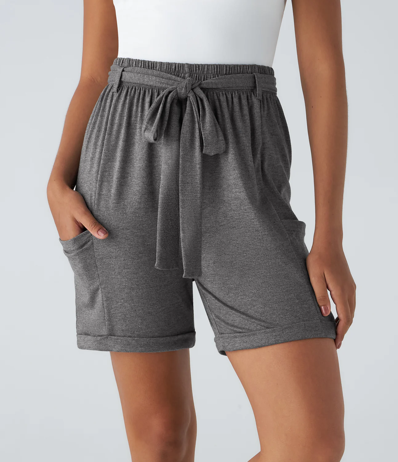 High Waisted Belted Side Pocket Casual Shorts