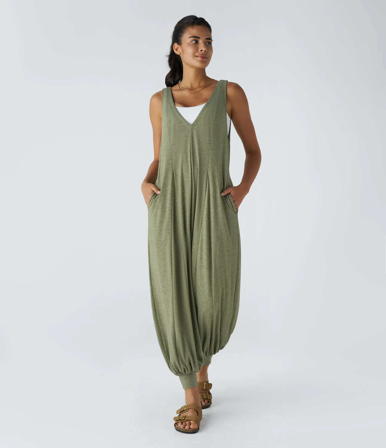 V Neck Side Pocket Draped Casual Jumpsuit