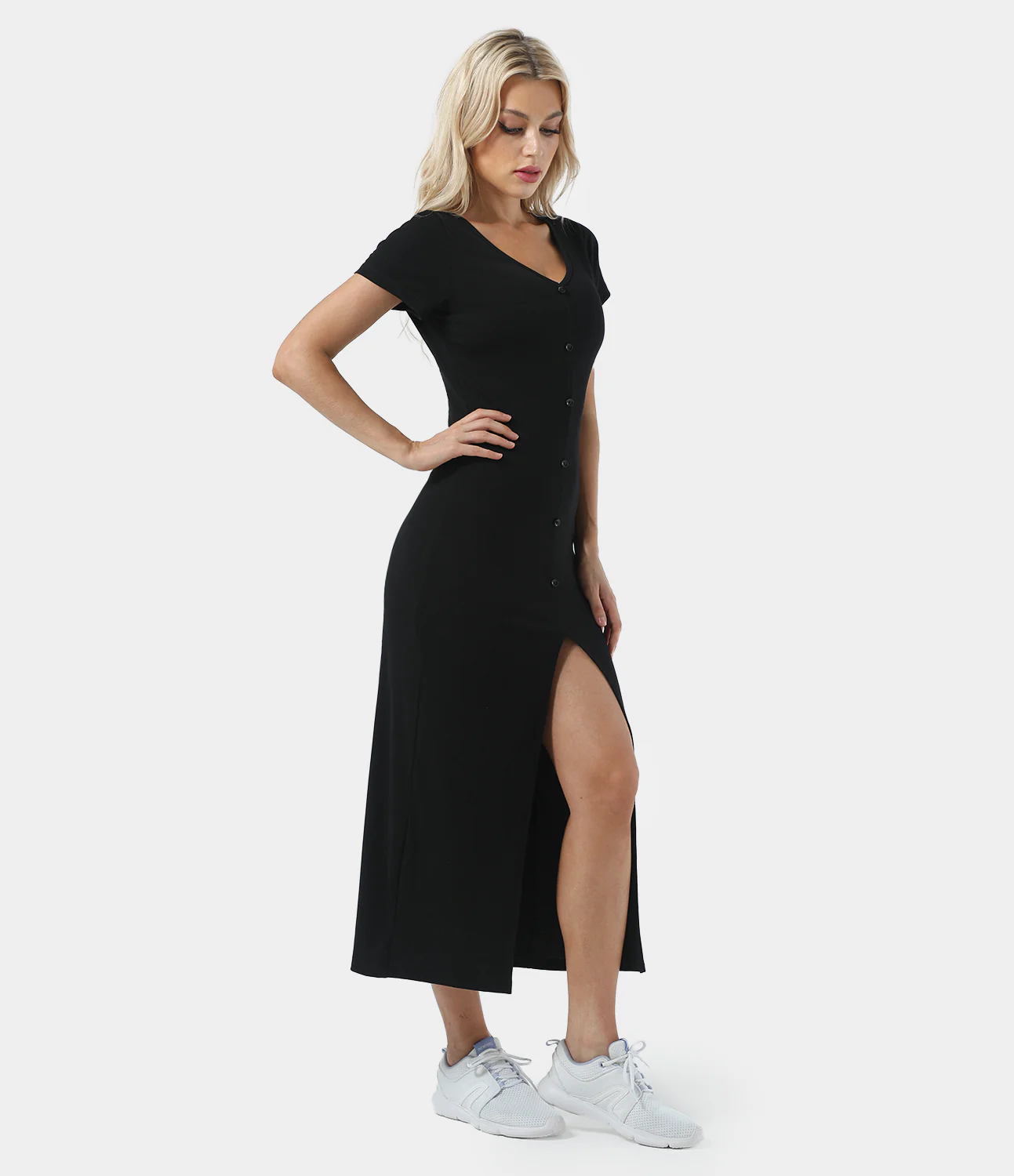 Ribbed Knit V Neck Button Split Midi Chill Dress