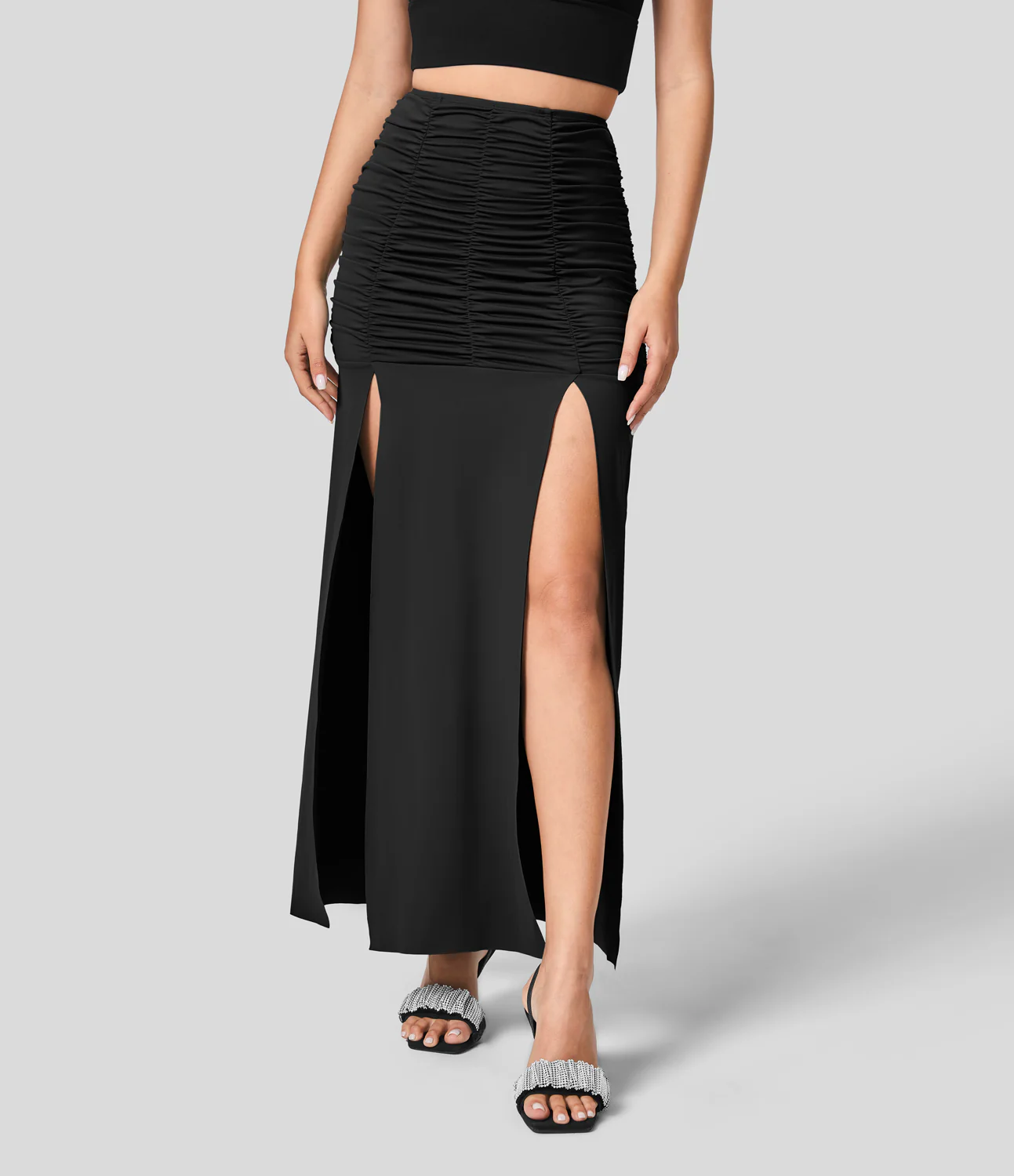 High Waisted Ruched Split Maxi Casual Skirt