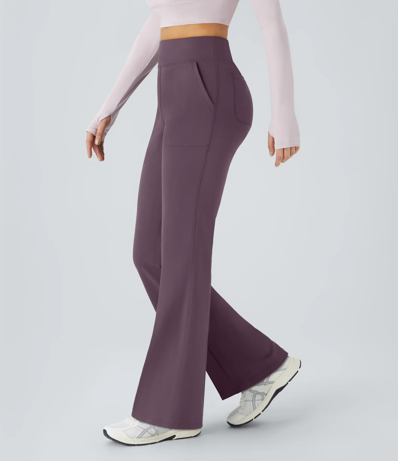 High Waisted Side Pocket Plain Flare Leggings