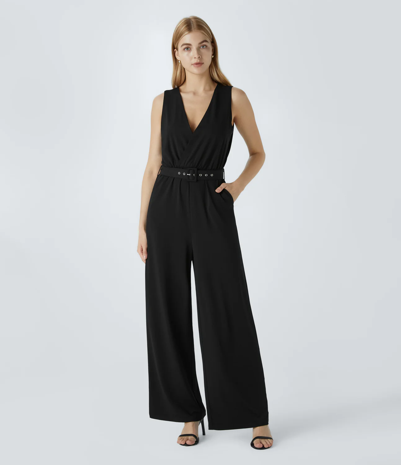 V Neck Backless Belted Side Pocket Work Jumpsuit