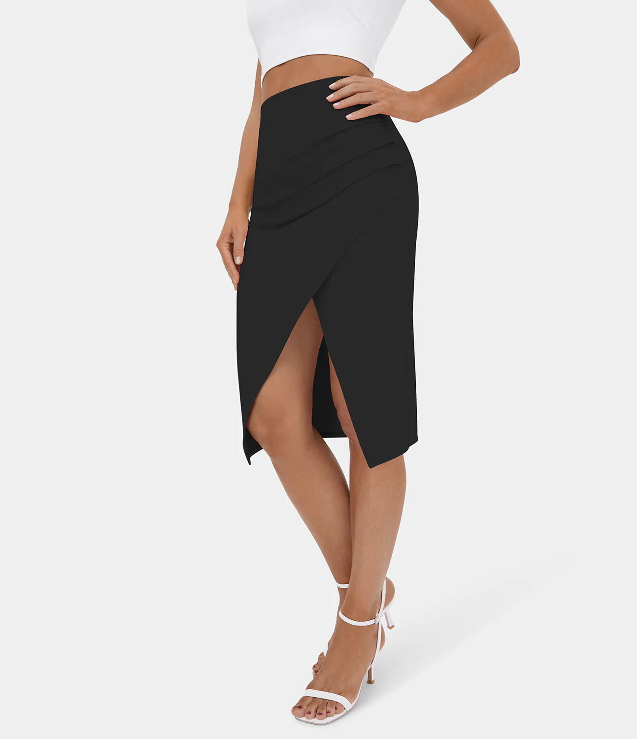 Ruched Split Hem Bodycon Midi Casual Skirt