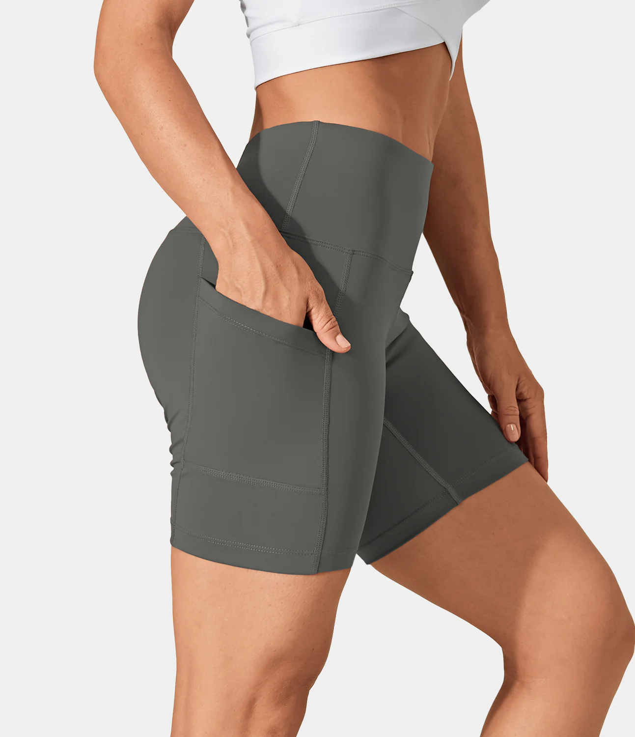 High Waisted Side Pocket Plain Biker Shorts 7''