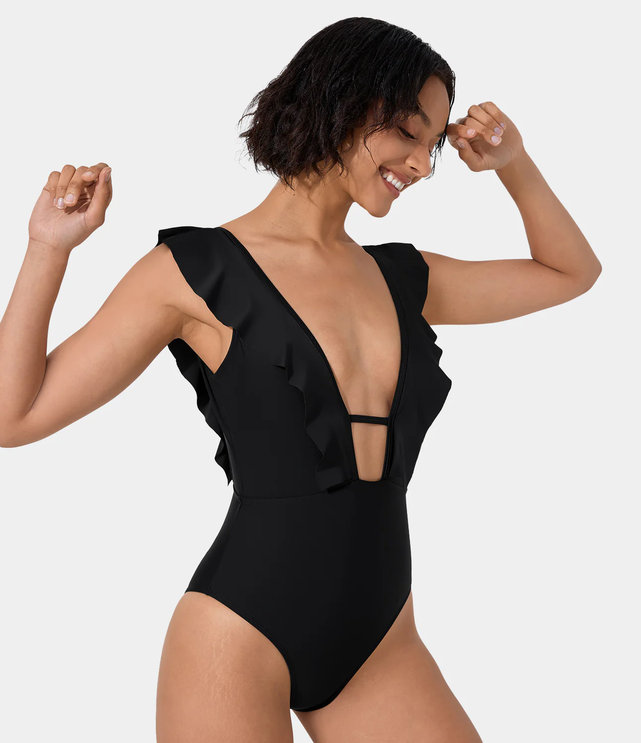 Deep V Neck Ruffle Backless One Piece Swimsuit