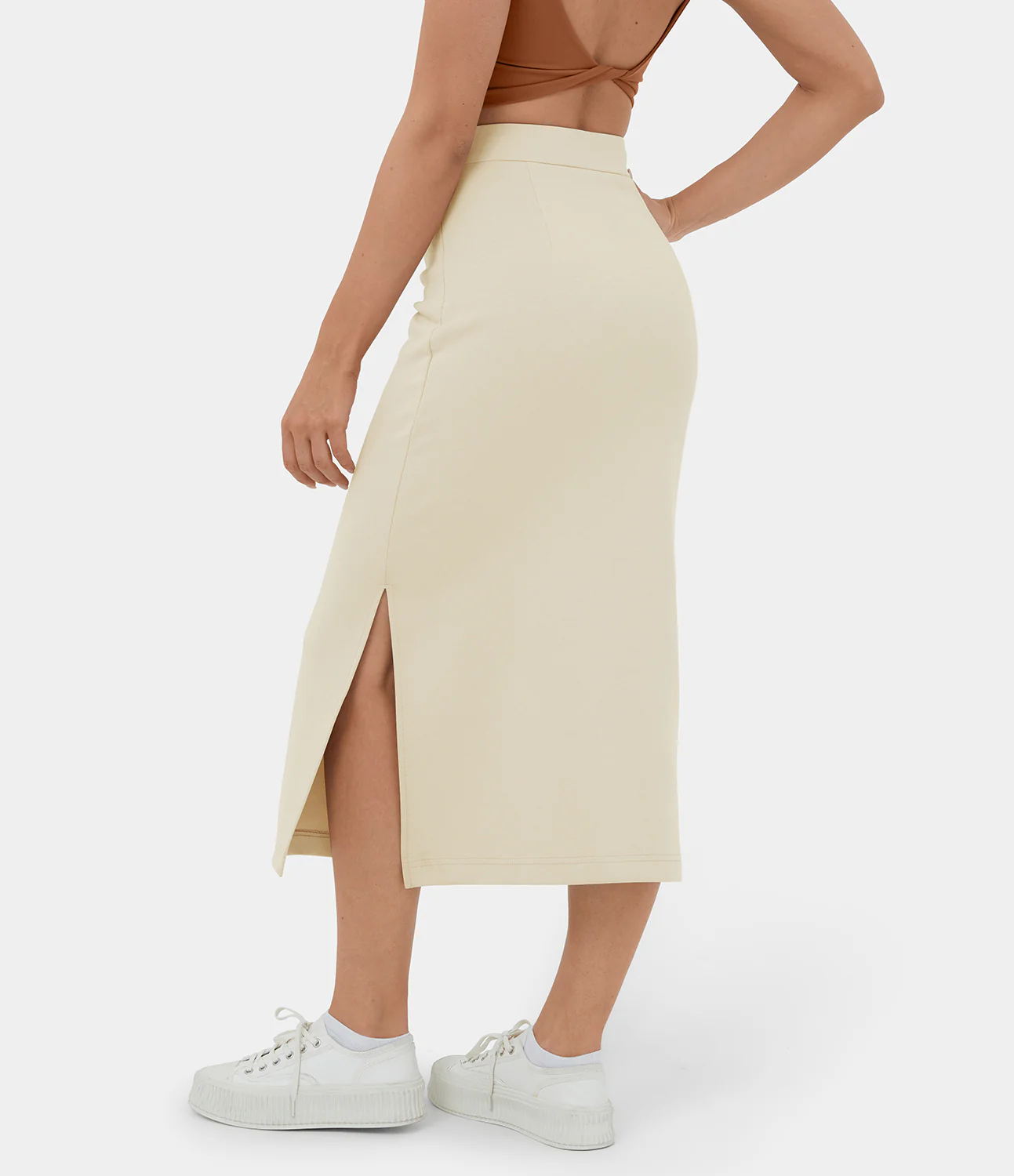 High Waisted Split Midi Casual Cotton Skirt