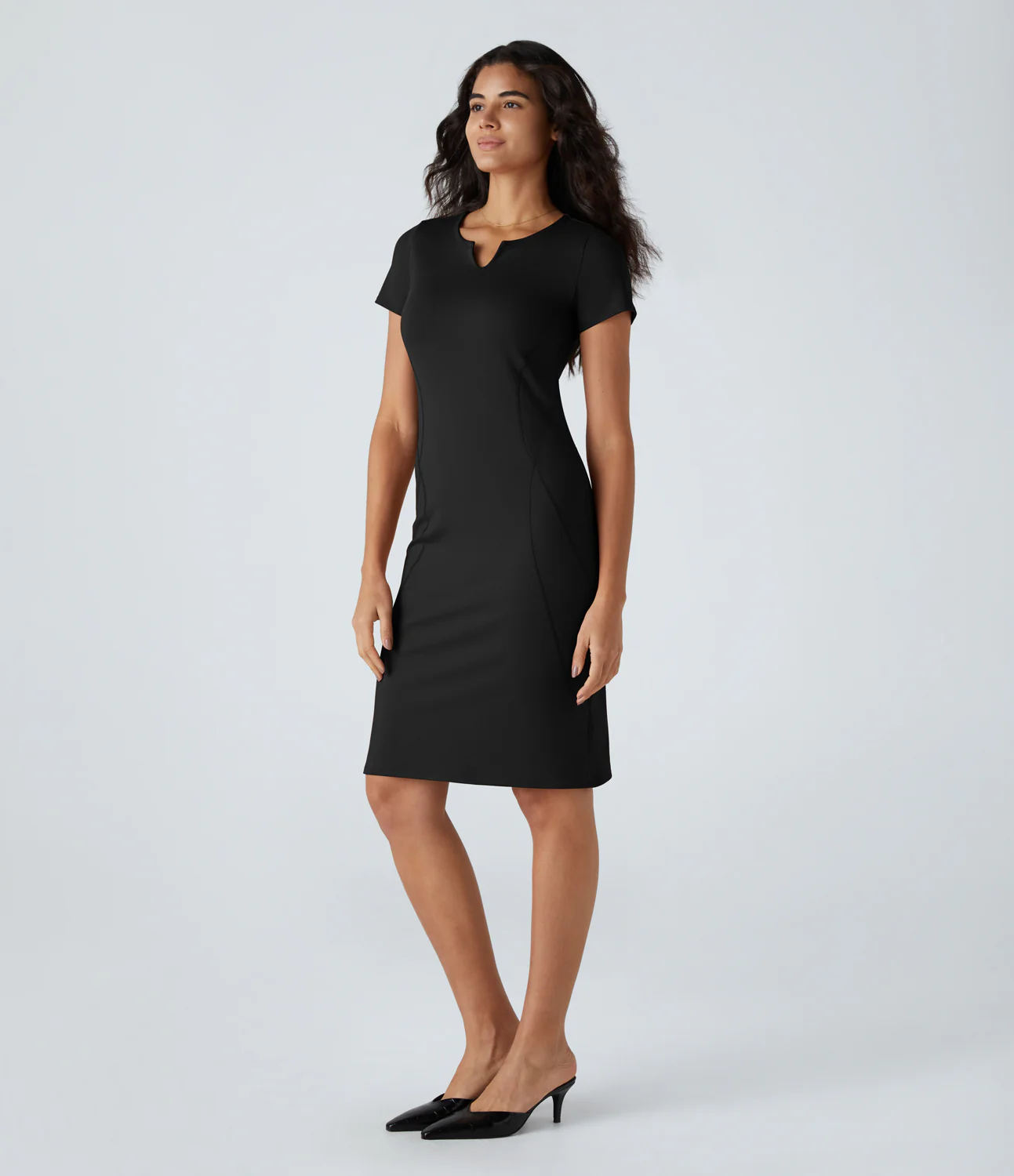 Notched Split Top-stitching Slim Work Dress