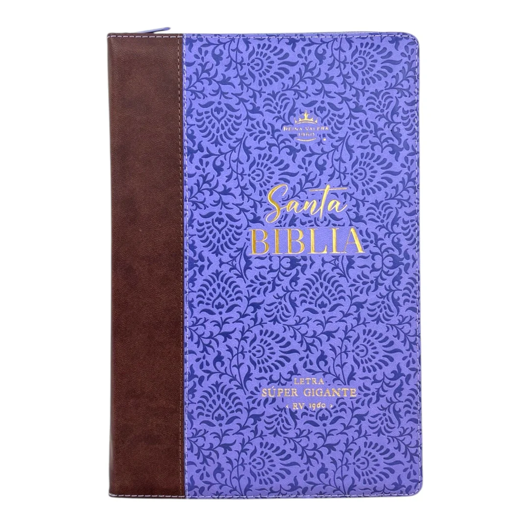 BIBLIA REINA VALERA 1960 LETRA SÚPER GIGANTE IMITACIÓN PIEL DE ALTA CALIDAD FLORES LILA C/CIERRE INDICE