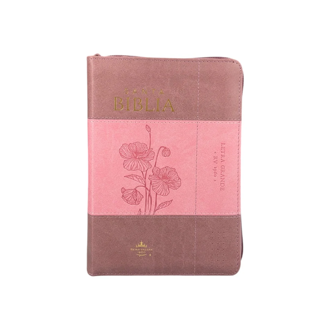 BIBLIA REINA VALERA 1960 COMPACTA LETRA GRANDE C/CIERRE BICOLOR CORAL ROSA