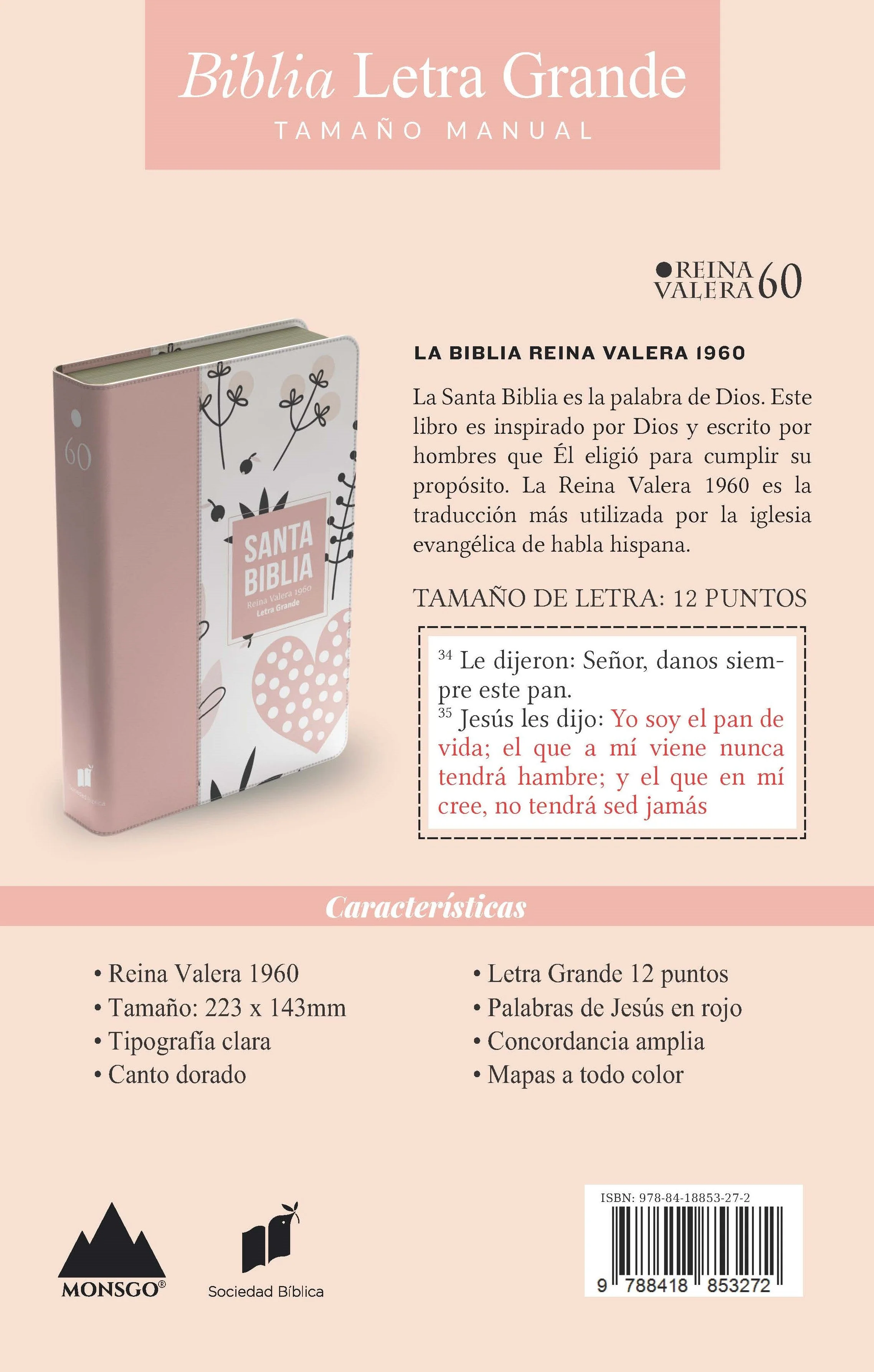 Biblia RVR 1960 Letra Grande Tamaño Manual Símil Piel Rosado