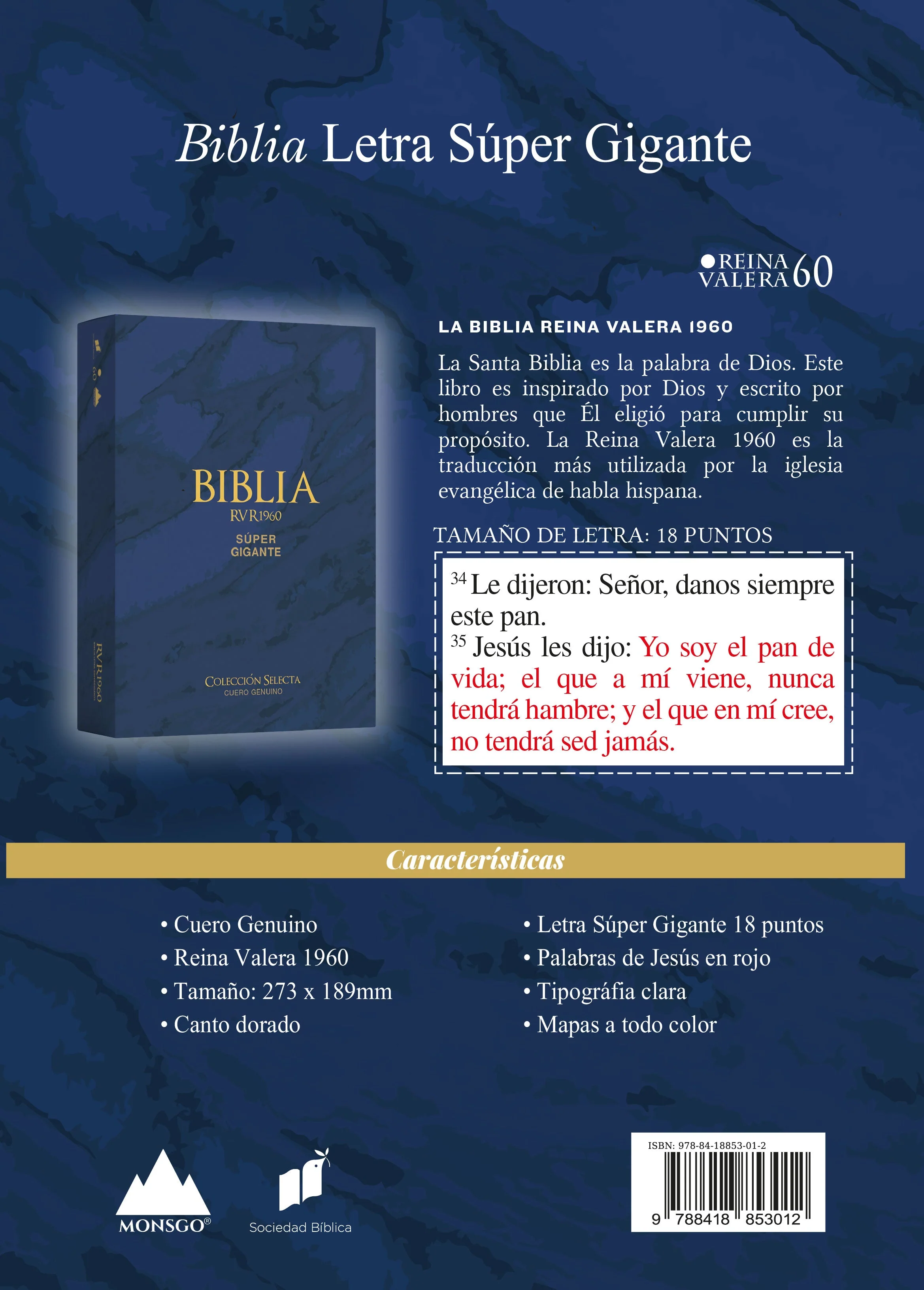 Biblia RVR 1960 Letra Súper Gigante Cuero Genuino Azul con Índice