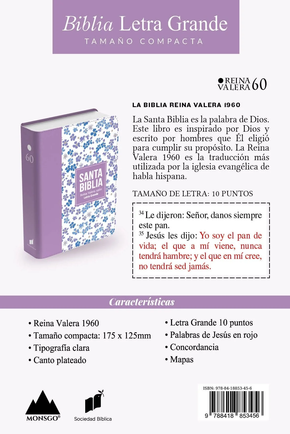 Biblia RVR 1960 Compacta Símil Piel Flores Lila Claro