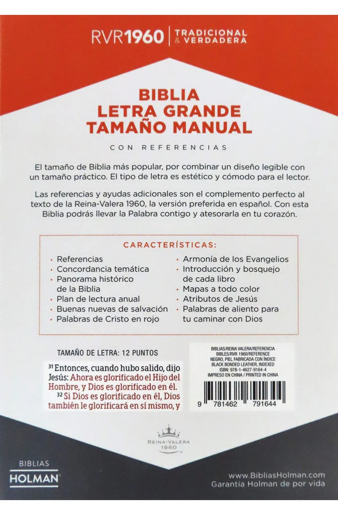 Biblia RVR 1960 Letra Grande Tamaño Manual Piel Fabricada Negra con Índice