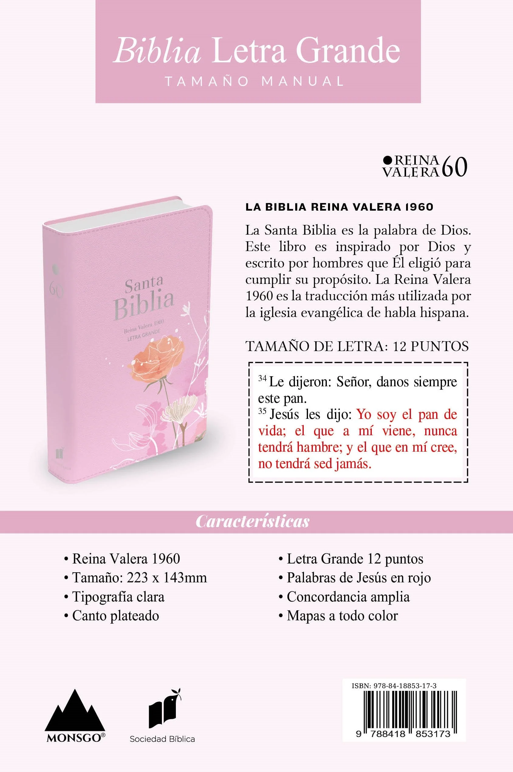 Biblia RVR 1960 Letra Grande Tamaño Manual Símil Piel Rosa