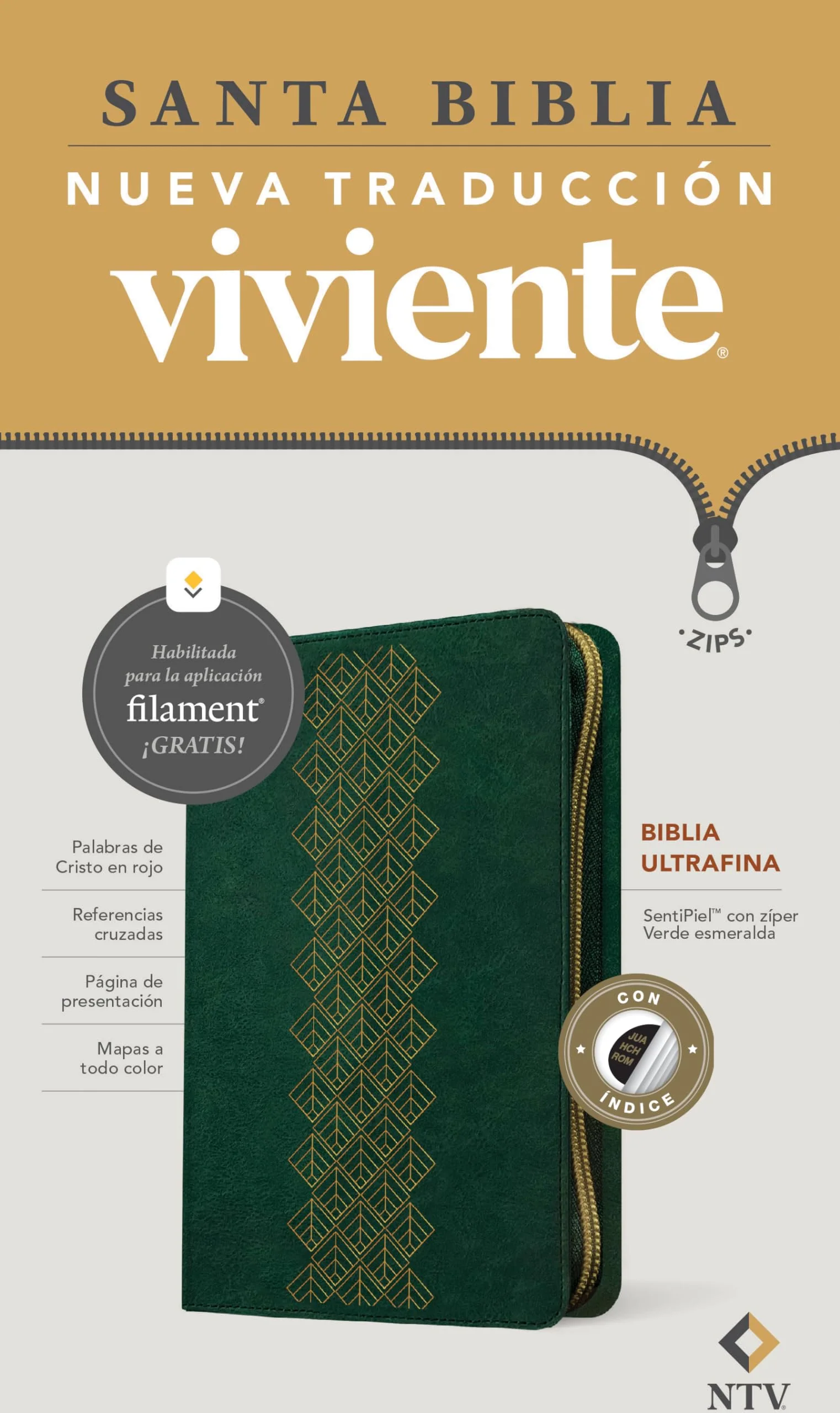 Biblia NTV Ultrafina con Filament Verde Esmeralda Símil Piel con Índice y Cierre