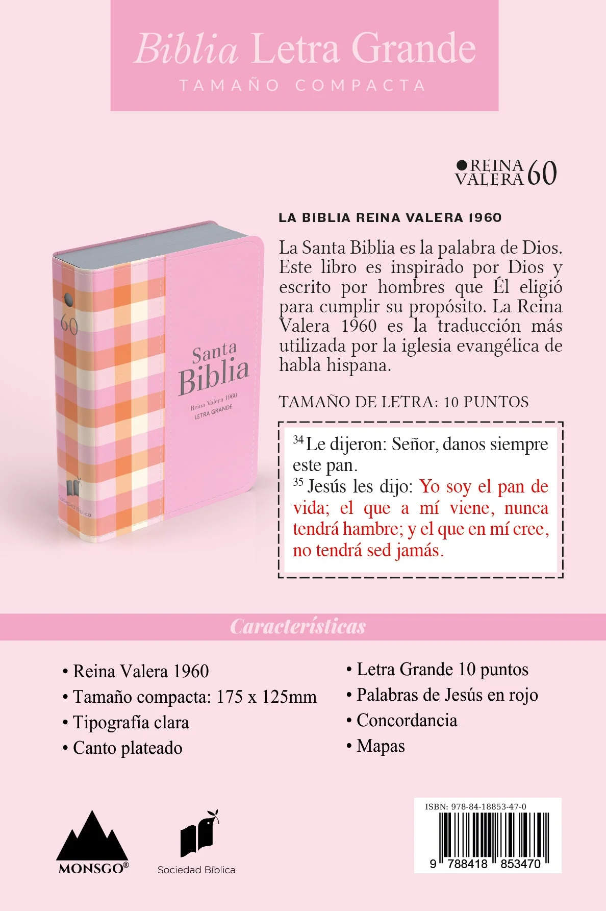 Biblia RVR 1960 Compacta Símil Piel Cuadros Rosa