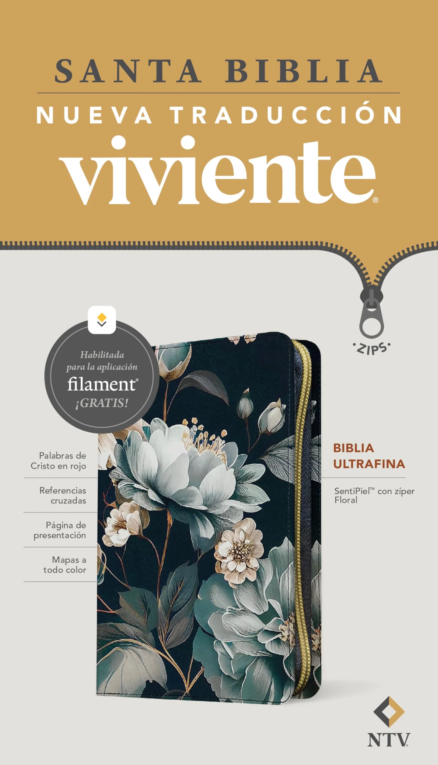 Biblia NTV Ultrafina con Filament Floral Símil Piel con Cierre