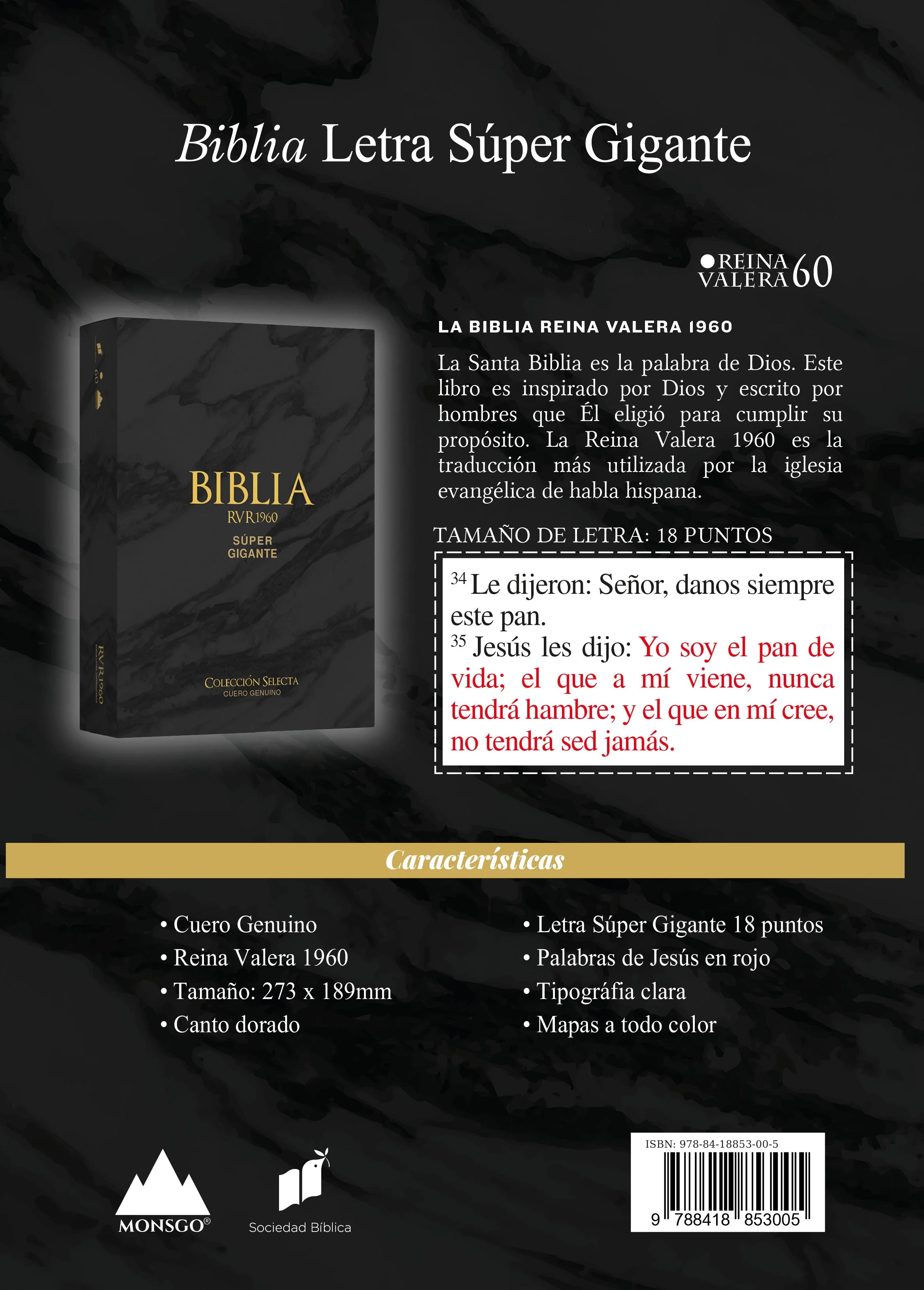 Biblia RVR 1960 Letra Súper Gigante Cuero Genuino Negro con Índice