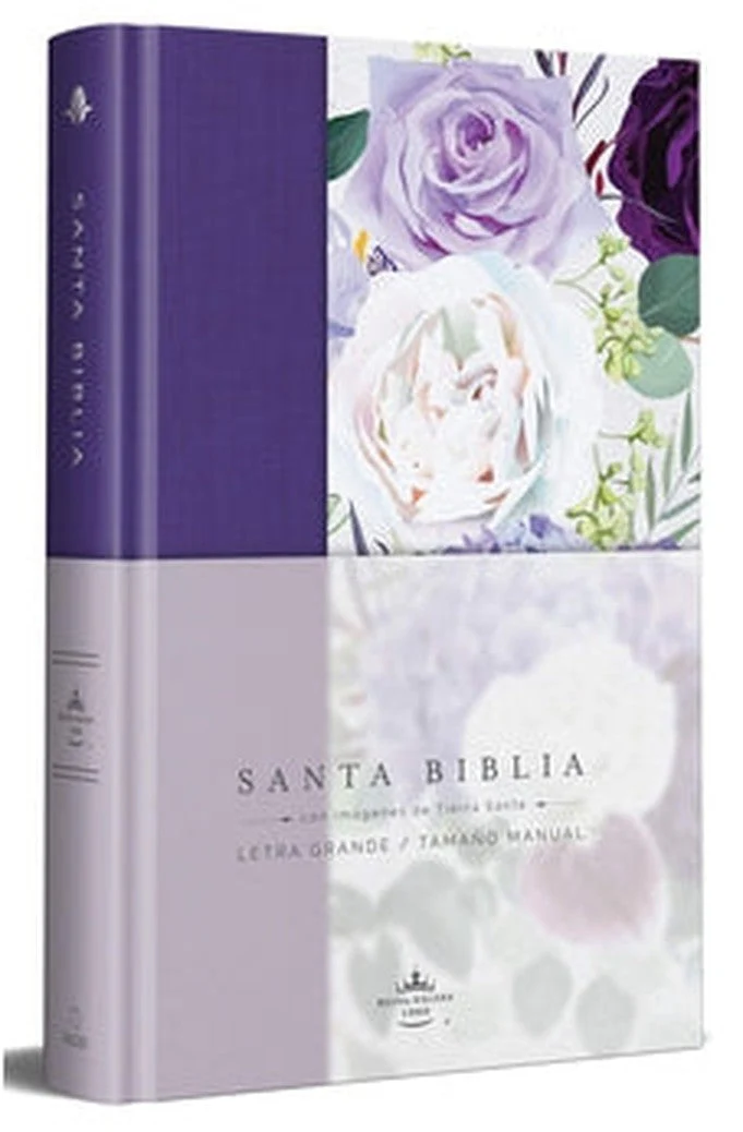Biblia RVR 1960 Letra Grande Tamaño Manual Tapa Dura Morada con Flores