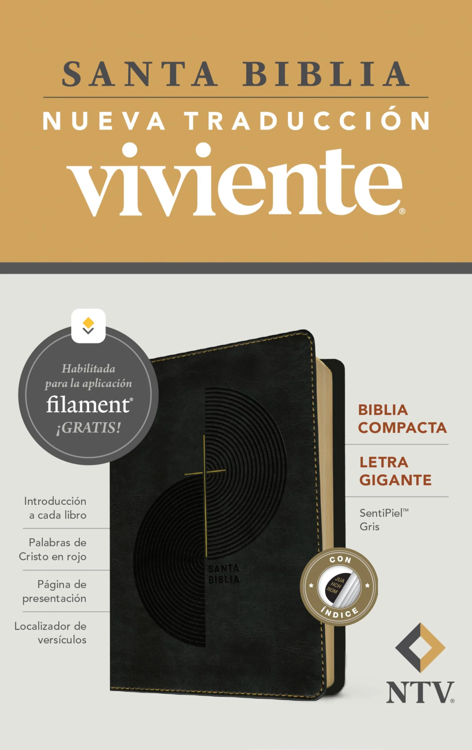 Biblia NTV Compacta Letra Gigante con Filament Símil Piel Gris Índice Letra Roja