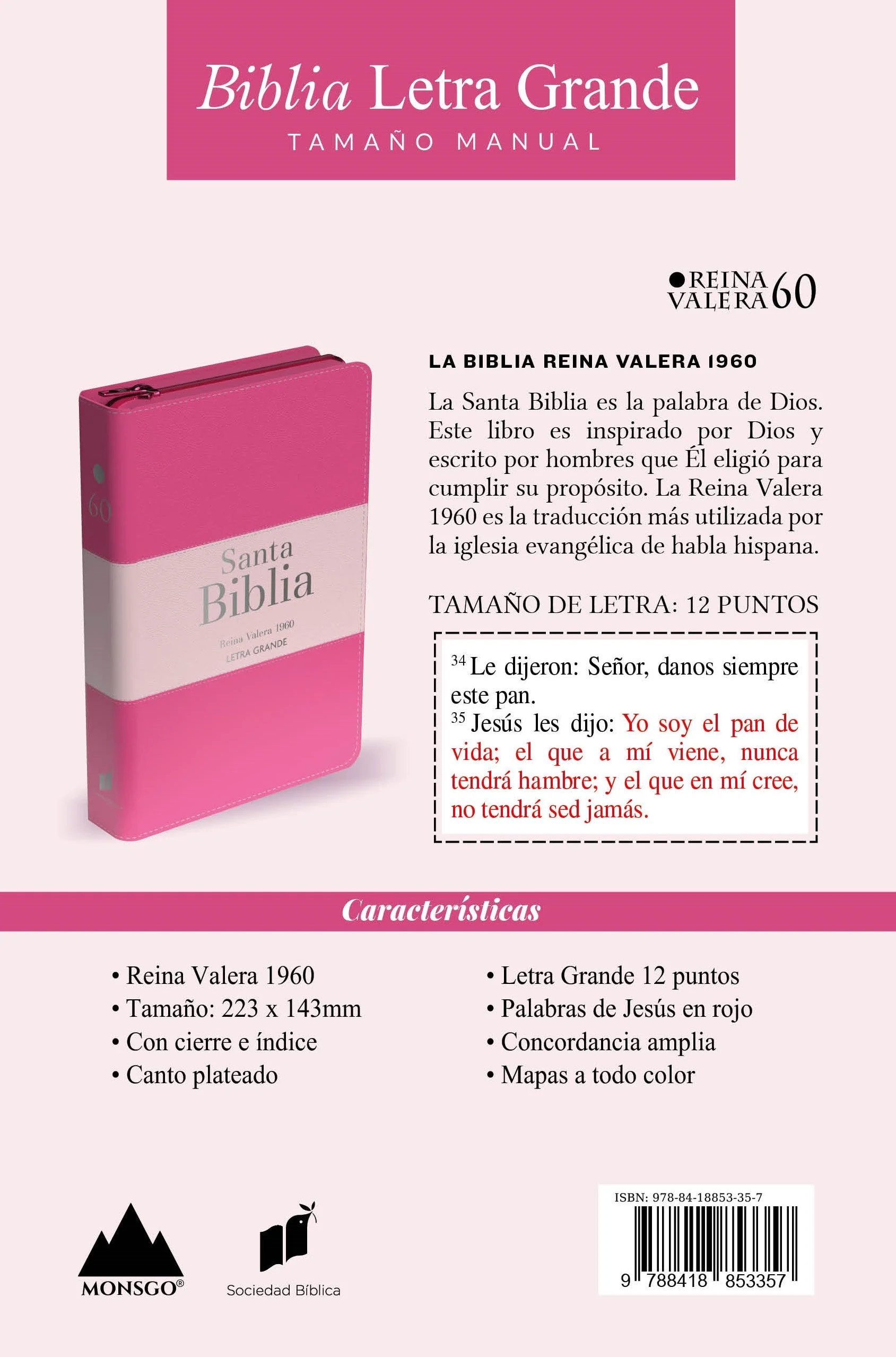 Biblia RVR 1960 Letra Grande Tamaño Manual Tricolor Fucsia Palo Rosa Fucsia con Cierre e Índice