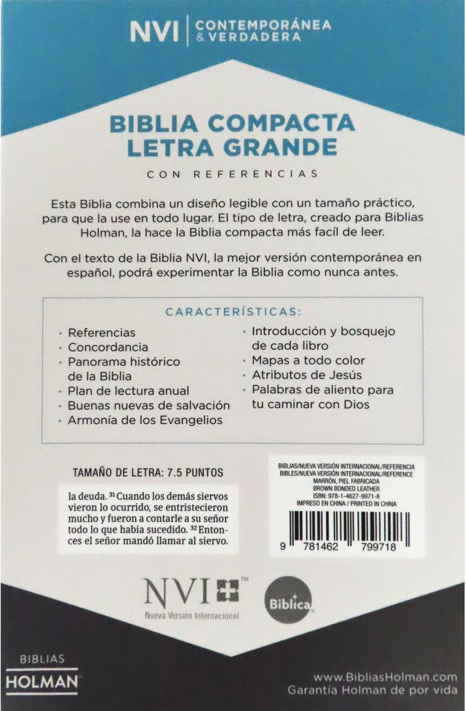 Biblia NVI Compacta Letra Grande Marrón Piel Fabricada