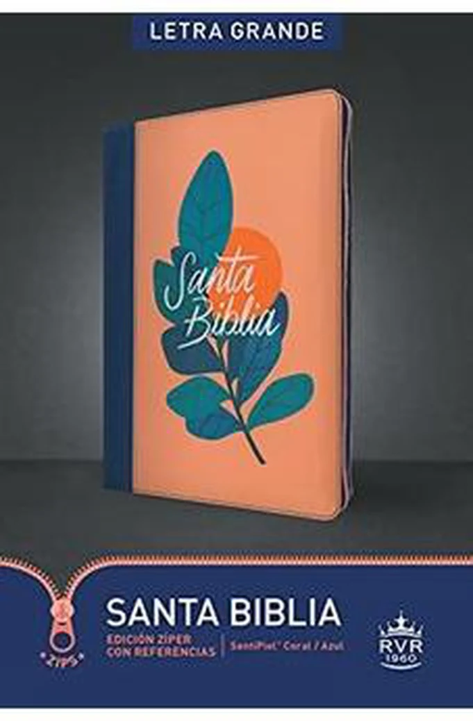 Biblia RVR 1960 con Referencias Letra Grande Palabras de Jesús en Rojo Símil Piel Coral Azul Cierre