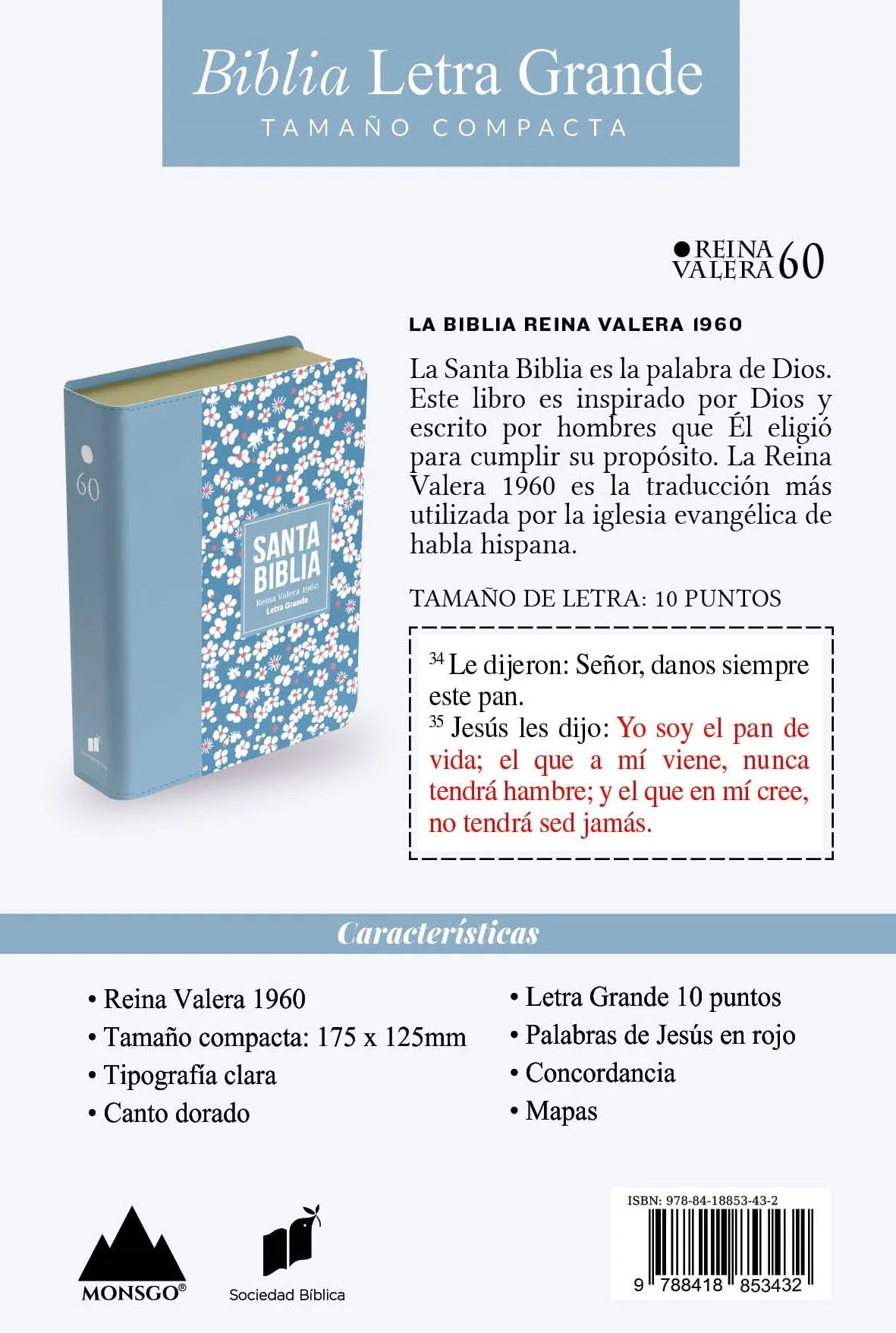 Biblia RVR 1960 Compacta Símil Piel Flores Azul Grisáceo
