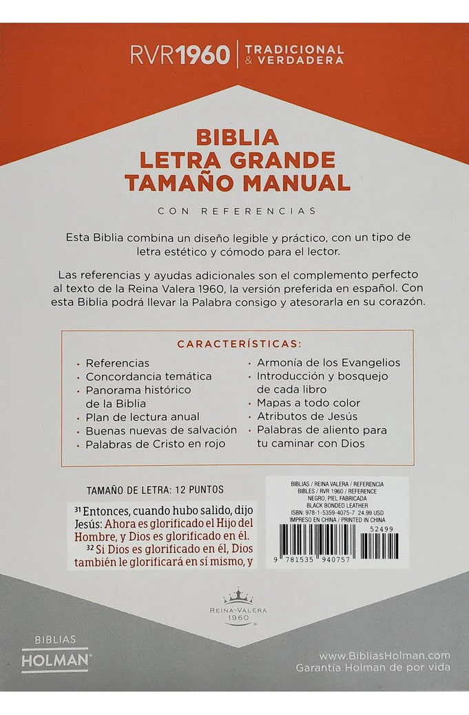 Biblia RVR 1960 Letra Grande Tamaño Manual Negro