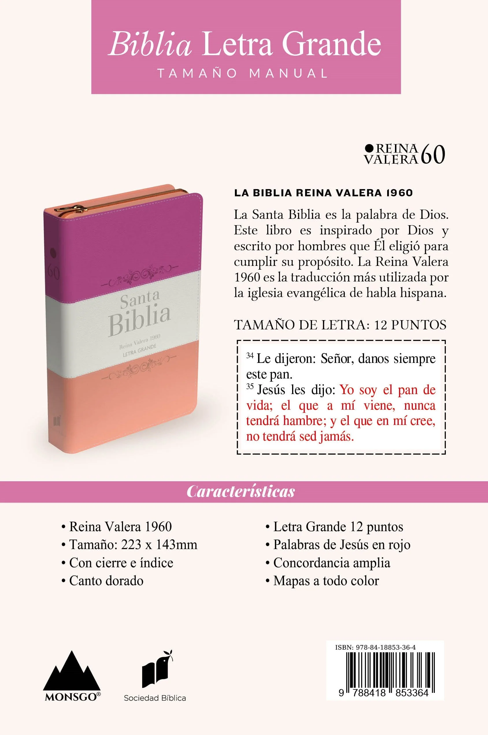 Biblia RVR 1960 Letra Grande Tamaño Manual Tricolor Guinda Crema Melón con Cierre e Índice