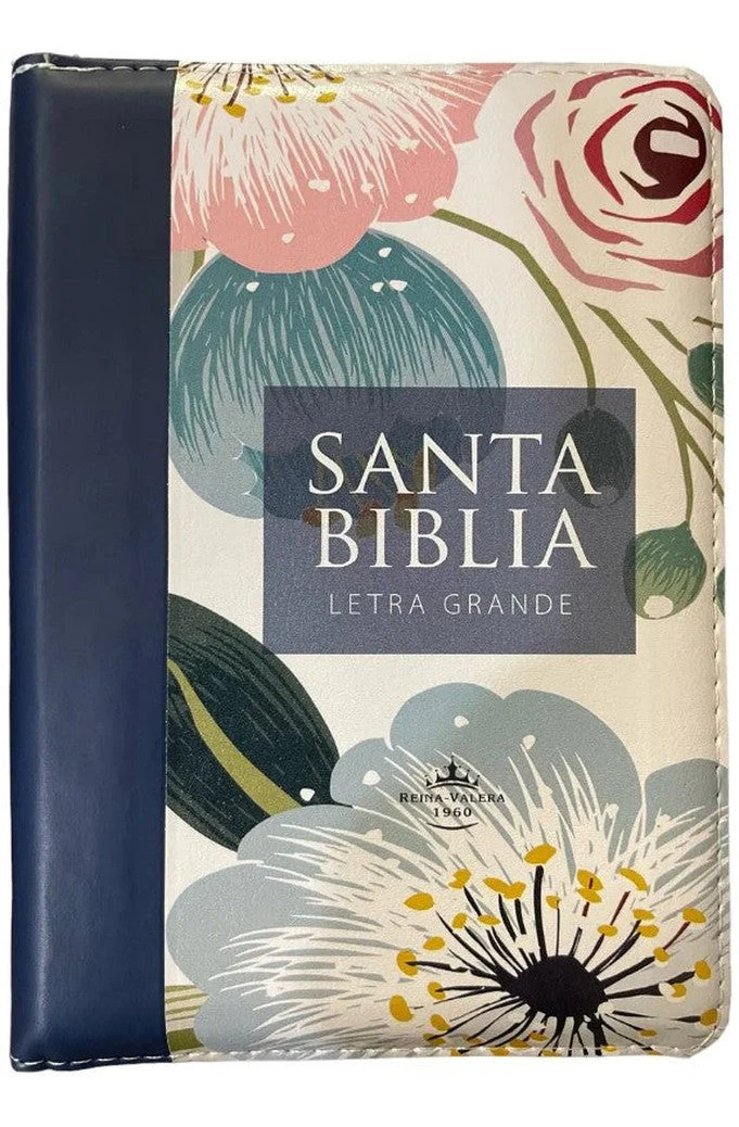 Biblia RVR 1960 Letra Grande Compacta 11 Puntos Azul Flores Símil Piel con Índice y Cierre