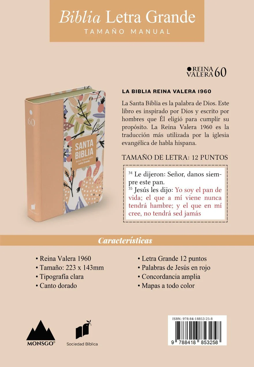 Biblia RVR 1960 Letra Grande Tamaño Manual Símil Piel Naranja Clara