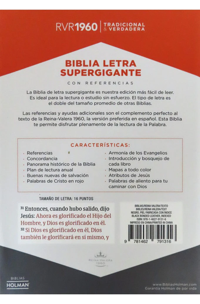 Biblia RVR 1960 Letra Súper Gigante Negro Piel Fabricada con Índice