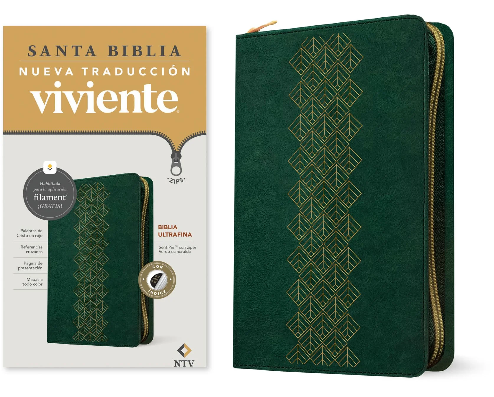 Biblia NTV Ultrafina con Filament Verde Esmeralda Símil Piel con Índice y Cierre