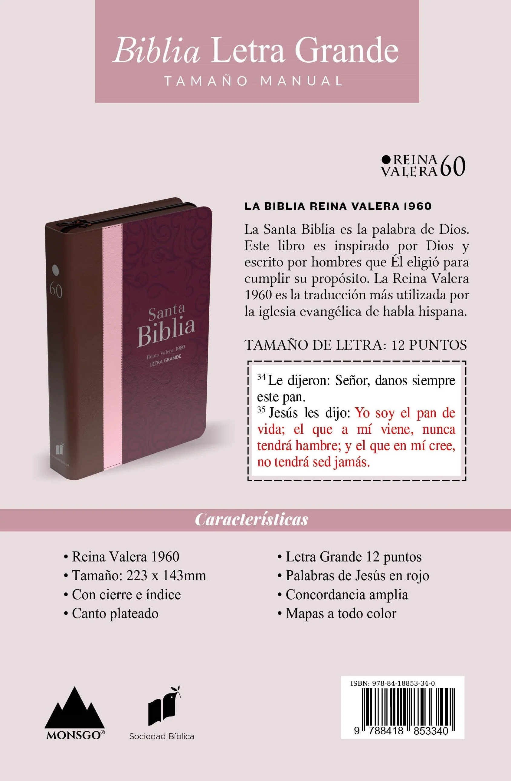 Biblia RVR 1960 Letra Grande Tamaño Manual Tricolor Guinda Palo Rosa Marrón con Cierre e Índice