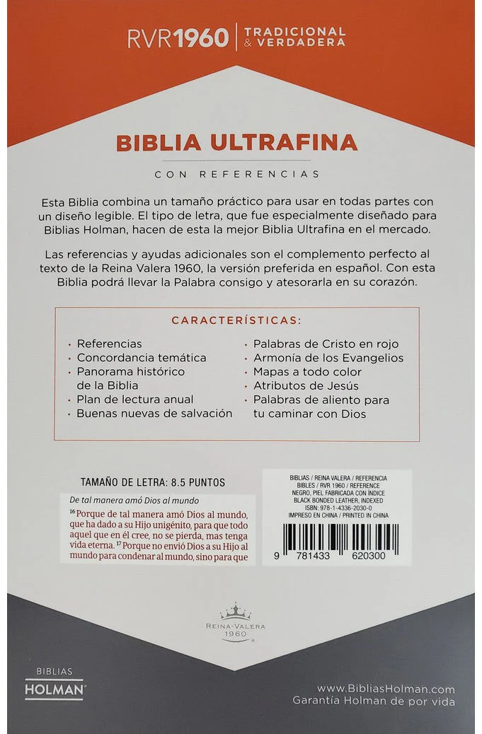 Biblia RVR 1960 Ultrafina Negro Piel Fabricada con Índice